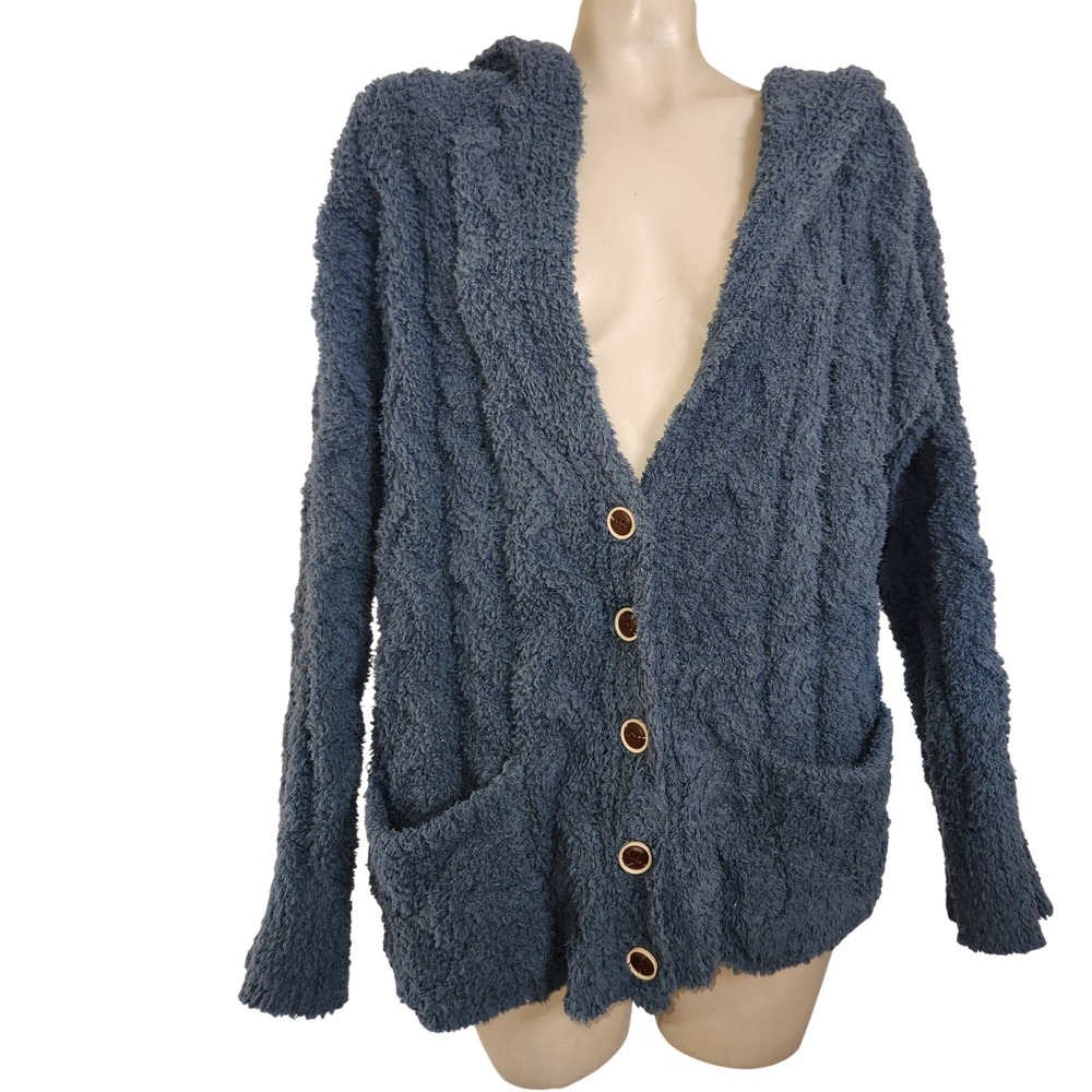 POL Womens Blue Popcorn Knit Hooded Cardigan Sweater Button Front FST82 Size S